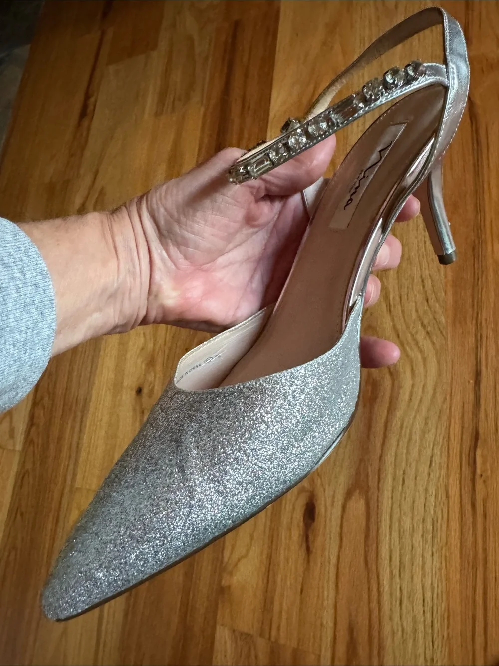 Nina Silver Glitter Pointed Slingback Heels with Rhinestone Ankle Strap
